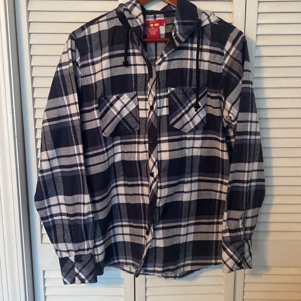 Bay Trade Company Womens XL Blue Plaid Flannel Hoodie shirt
